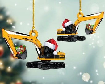 Enfeite de Natal em acrílico personalizado para construção de escavadeira, enfeite plano para construção de escavadeira, presente para crianças, Natal 2022
