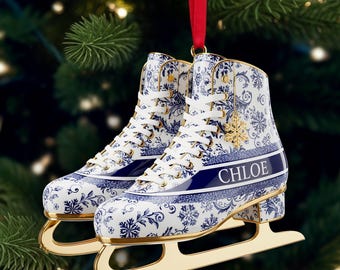 Personalized Winter Skating Toile de Jouy Christmas Ornament, Gifts For Ice Skating Lovers, Winter Skating Decor, Gift For Ice Skater