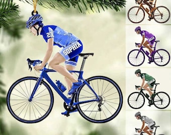 パーソナライズされた女性サイクリスト、女性サイクリストが自転車に乗っているアクリル製クリスマスオーナメント、サイクリストへのギフト、サイクリストオーナメントクリスマス