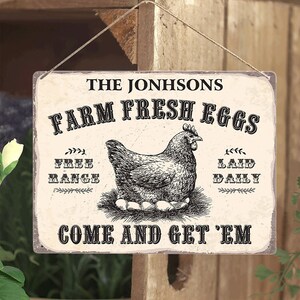 Op de afbeelding: Een rechthoekig metalen bord met de tekst "THE JONHSONS FARM FRESH EGGS" en een gedetailleerde illustratie van een kip op een nest met eieren. Het bord bevat ook de zinnen "FREE RANGE", "LAID DAILY" en "COME AND GET 'EM".