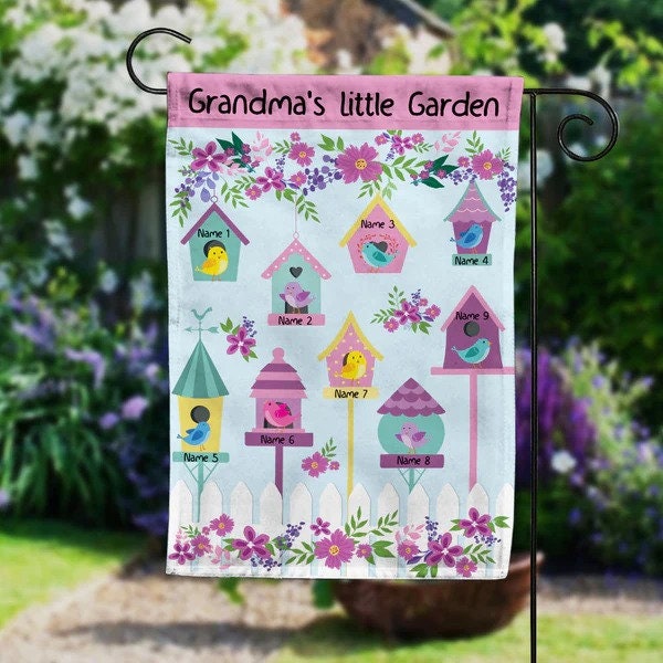 Personalized Grandma Little Bird Gardening Garden Flag, Grandkids Name Flag, Mother's Day Gift Grandma, Nana Mimi Bee Garden Flag