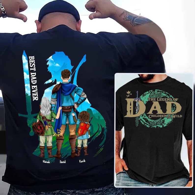 May include: A black t-shirt with a graphic of a father and three children in a fantasy setting. The text "Best Dad Ever" is on the left side of the image. The back of the shirt has the text "The Legend of Dad Children of the Wild".