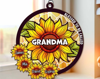 Blessed To Be Called Grandma, Sunflower Ornament, Personalized Window Hanging Suncatcher Ornament, Grandma Gift, Mother day Gift,