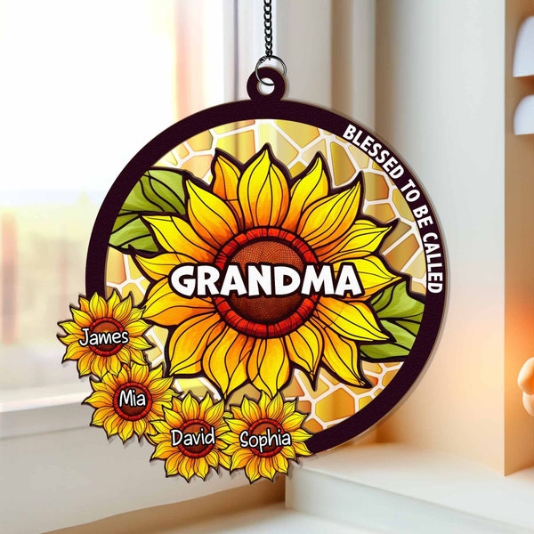 Blessed To Be Called Grandma, Sunflower Ornament, Personalized Window Hanging Suncatcher Ornament, Grandma Gift, Mother day Gift,