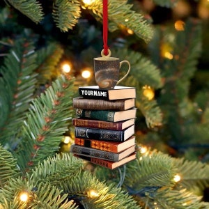 Personalized Books And Coffee Ornament, Book Lover Christmas Ornament Bookaholic Book Fan Ornament, Bookshelf Ornament, Gift for Book Lovers