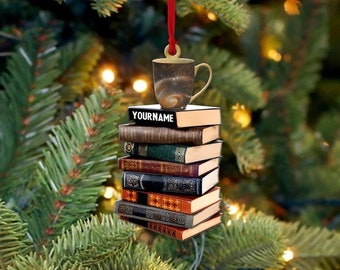 Personalized Books And Coffee Ornament, Book Lover Christmas Ornament Bookaholic Book Fan Ornament, Bookshelf Ornament, Gift for Book Lovers