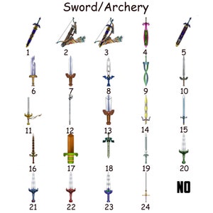 May include: A grid of 24 images showing different swords and bows from the Legend of Zelda video game series. The images are numbered 1 through 24.