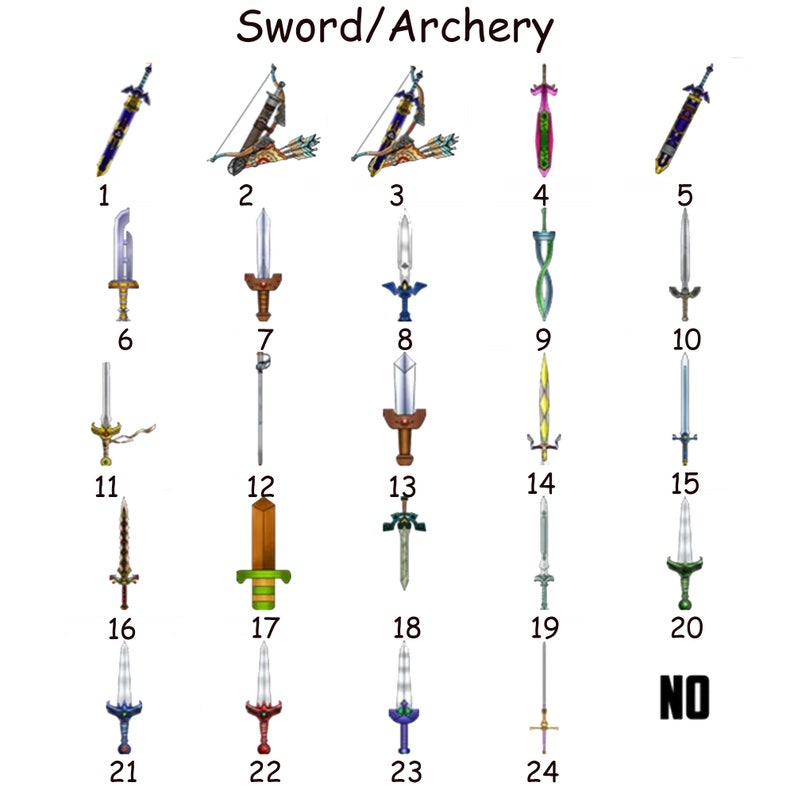 May include: A grid of 24 images showing different swords and bows from the Legend of Zelda video game series. The images are numbered 1 through 24.
