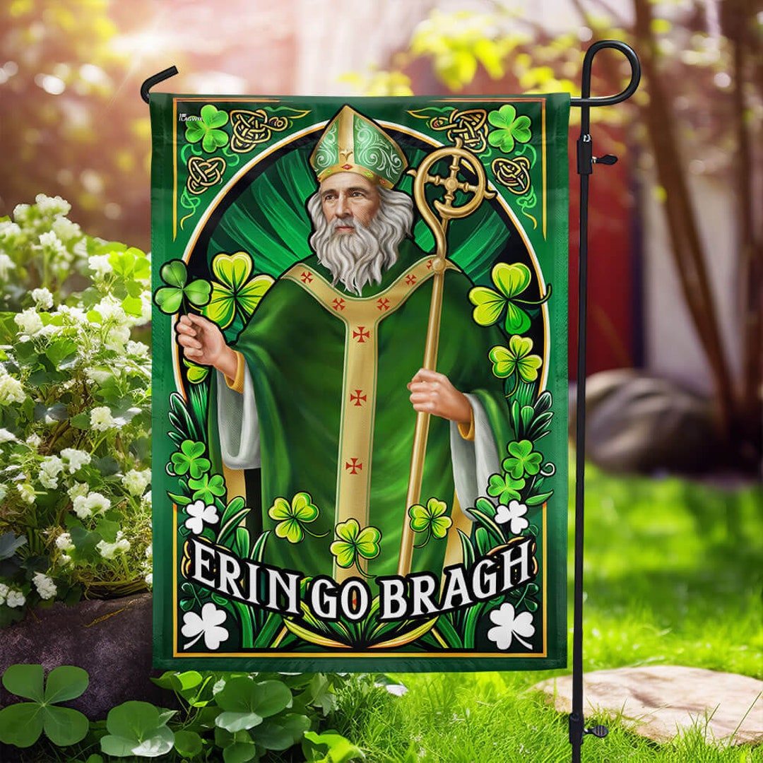 St. Patrick's Day Gartenflagge - 46 X 31,5 Cm Doppelseitig, Grün Mit Kleeblatt & Hut