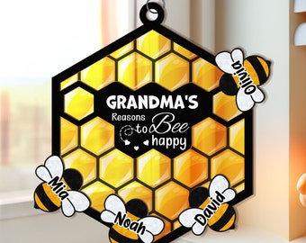 Grandma's Reasons To Bee Happy, Bee Suncatcher Ornament, Personalized Window Hanging Suncatcher Ornament, Grandma Gift, Mother day Gift