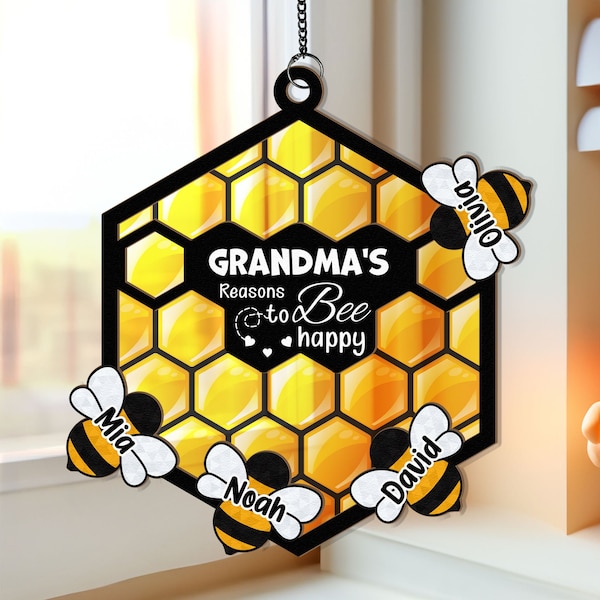 Grandma's Reasons To Bee Happy, Bee Suncatcher Ornament, Personalized Window Hanging Suncatcher Ornament, Grandma Gift, Mother day Gift