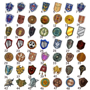 May include: A collection of 49 different shield designs, each with unique colors, patterns, and symbols. The shields are numbered 1 through 49.