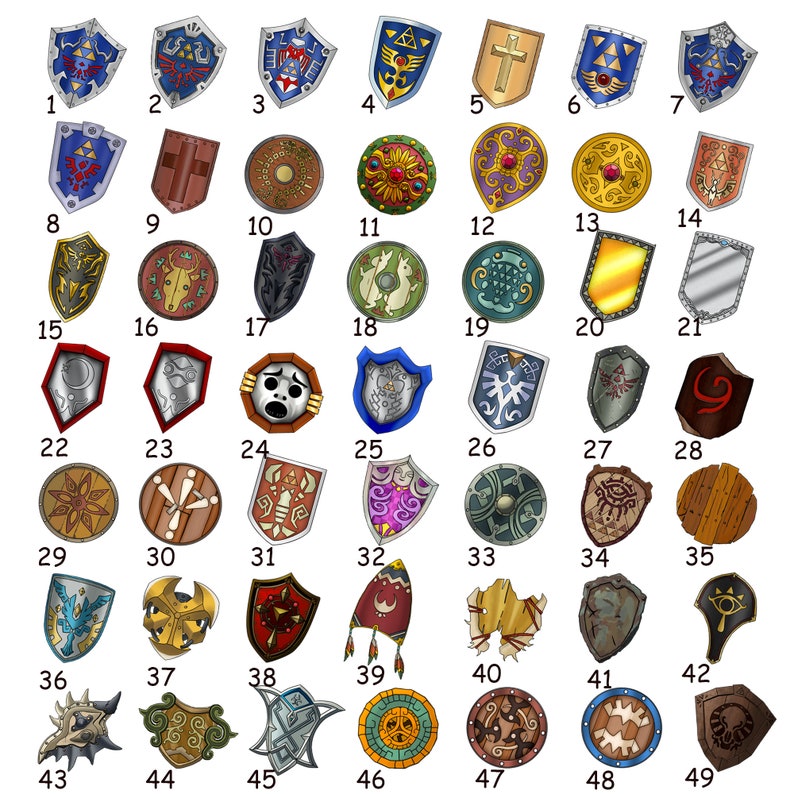 May include: A collection of 49 different shield designs, each with unique colors, patterns, and symbols. The shields are numbered 1 through 49.