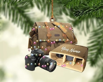 パーソナライズされたカメラライトクリスマスオーナメント、カメラマンへのギフト、写真家の写真撮影オーナメント、写真撮影のクリスマスデコレーション