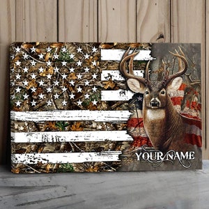 Personalized Canvas Gift For Hunters Custom Gift For Hunting Lover Custom Hunting Camouflage American Flag Gift For Dad Father's Day Gift