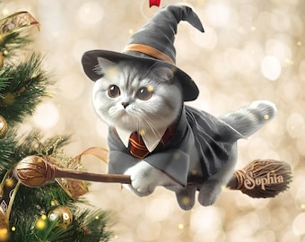 Personalized Wizard Cat Ornament, Wizard Cat Christmas Ornament, Wizard Cat Ornament, Wizard Cat Xmas Tree Hanging Decor, Gift For Cat Lover