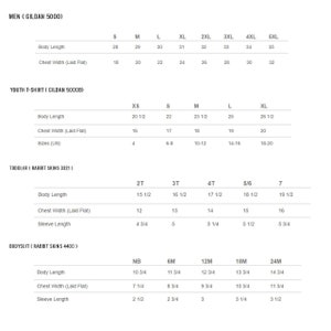 May include: Size chart for Gildan 5000 t-shirts, Rabbit Skins 3321 toddler t-shirts, and Rabbit Skins 4400 bodysuits. The chart lists sizes and corresponding body length, chest width, and sleeve length measurements in inches.
