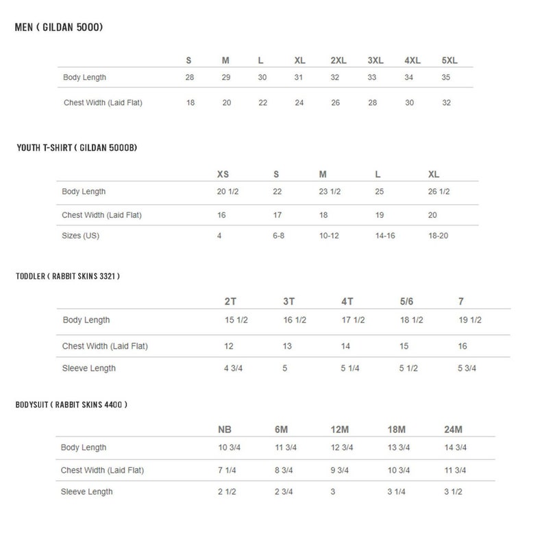 May include: Size chart for Gildan 5000 t-shirts, Rabbit Skins 3321 toddler t-shirts, and Rabbit Skins 4400 bodysuits. The chart lists sizes and corresponding body length, chest width, and sleeve length measurements in inches.