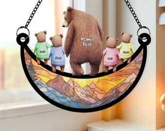 Mama Bear Suncatcher, Bear Family Ornament, Gepersonaliseerd Raam Hangend Suncatcher Ornament, Oma Cadeau, Moederdagcadeau