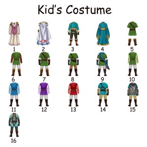 May include: A set of 16 different kid's costumes, featuring various characters from the Legend of Zelda video game series. The costumes include Link, Zelda, and Ganondorf, among others. The costumes are all in different colors and styles, and they are all designed to look like the characters from the game.
