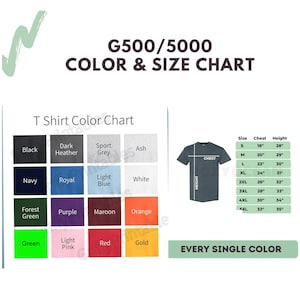 以下が含まれることがあります： Tシャツの色とサイズのチャート。チャートには、黒、紺、森の緑、紫、栗色、オレンジ、薄いピンク、赤、金など、16種類のTシャツの色が示されています。チャートには、Sから5XLまでの各サイズに対応するサイズと胸囲の寸法も示されています。