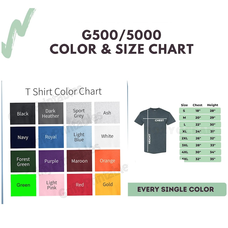 以下が含まれることがあります： Tシャツの色とサイズのチャート。チャートには、黒、紺、森の緑、紫、栗色、オレンジ、薄いピンク、赤、金など、16種類のTシャツの色が示されています。チャートには、Sから5XLまでの各サイズに対応するサイズと胸囲の寸法も示されています。