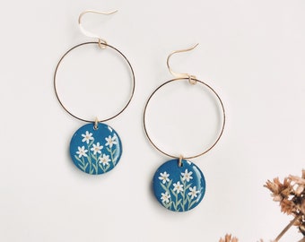 White Daisy Hoop Earrings | Flower Earrings | Hand Painted | Boho Chic Jewelry | Wood & Resin Jewelry | Unique Jewelry | 18k Gold Plated