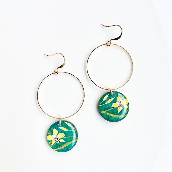 Orchid Hoop Earrings | Turquoise Earrings | Hand Painted | Floral Jewelry | Wood & Resin Jewelry | Unique Jewelry | 18k Gold Plated