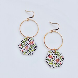 Speckled Hexagon Hoop Earrings | Wildflower Earrings | Handmade | Floral Jewelry | Wood & Resin Jewelry | 18k Gold Plated
