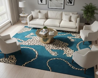 Hand Tufted Wool Carpet, Gold & Aquamarine Leopard Design