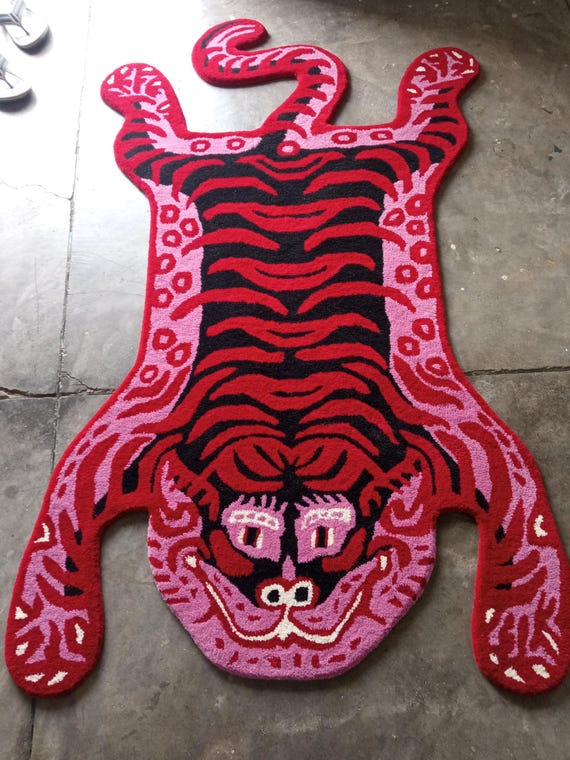 Hand Tufted Wool Tiger Rug – Red Tibetan Style Carpet