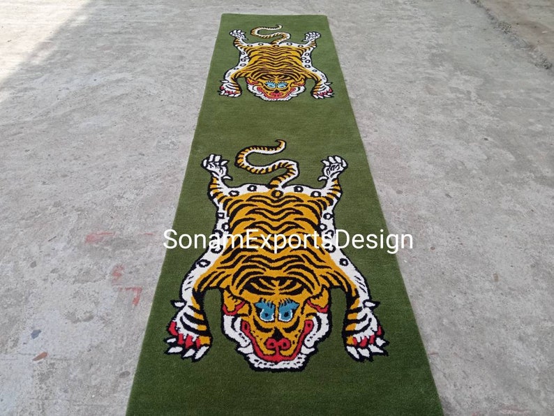 Hand Tufted Wool Tiger Rug, Green Ground Tibetan Carpet - Etsy