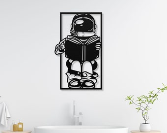 Funny Astronaut Toilet Sign: Metal Bathroom Wall Art