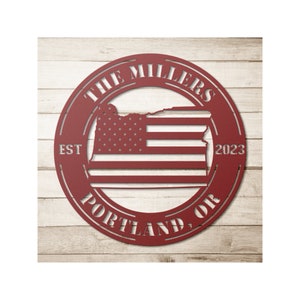 Custom Metal Oregon Sign - Personalized OR State Wall Art Decor With Us American Flag