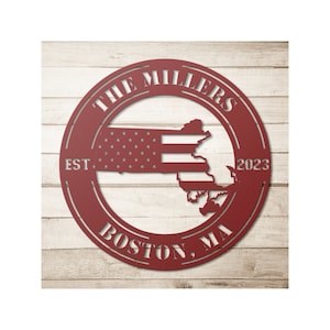 Custom Metal Massachusetts Home Sign - Personalized MA State Wall Art Decor With Us American Flag
