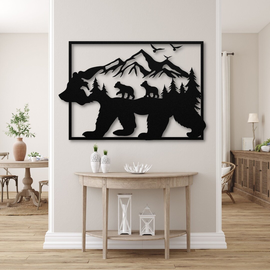 Metal Bear Wall Art, Bear Family and Mountain Wall Art, Bear Nursery