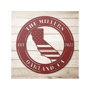 Custom Metal California Sign - Personalized CA State Wall Art Decor With Us American Flag