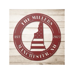 Custom Metal New Hampshire Sign - Personalized NH State Wall Art Decor With Us American Flag