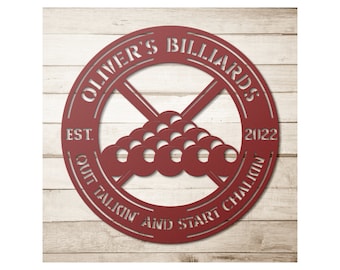 Custom Metal Billiard Room Name Sign - Personalized Billiards Pool Wall Art Decor