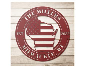 Custom Metal Wisconsin Sign - Personalized WI State Wall Art Decor With Us American Flag