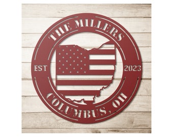 Custom Metal Ohio Sign - Personalized OH State Wall Art Decor With Us American Flag