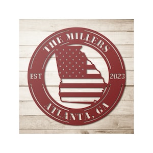Custom Metal Georgia Sign - Personalized GA State Wall Art Decor With Us American Flag