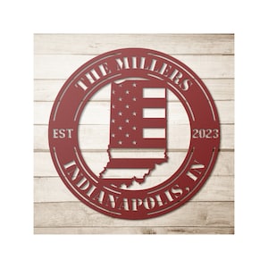 Custom Metal Indiana Sign - Personalized IN State Wall Art Decor With Us American Flag