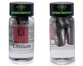 Lithium metal element 3, Periodic Table of Elements, Lithium metal, Lithium pieces, Lithium in vial with label 1 gram 99.9% pure