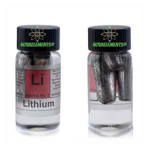 Lithium metal element 3, Periodic Table of Elements, Lithium metal, Lithium pieces, Lithium in vial with label 1 gram 99.9% pure