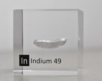 Indio metallico cubo acrilico 50mm, indio elemento, lucente, singolo pezzo 99.995% puro, cubo acrilico per collezione di elementi