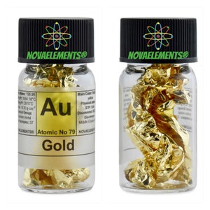 Metallic goudelement 79, Periodiek Systeem der Elementen, Goudfolie 99,99% 24K in flesje met label