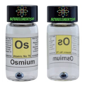 Metallic osmium element 76, Periodic Table of the Elements, Osmium shiny sphere in vial with label 0.5 grams 99.95% pure