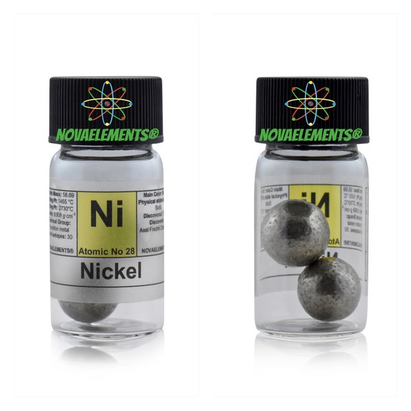 Metallic nickel element 28, Periodic Table of the Elements, Shiny nickel spheres in vial with label 10 grams 99.9% pure