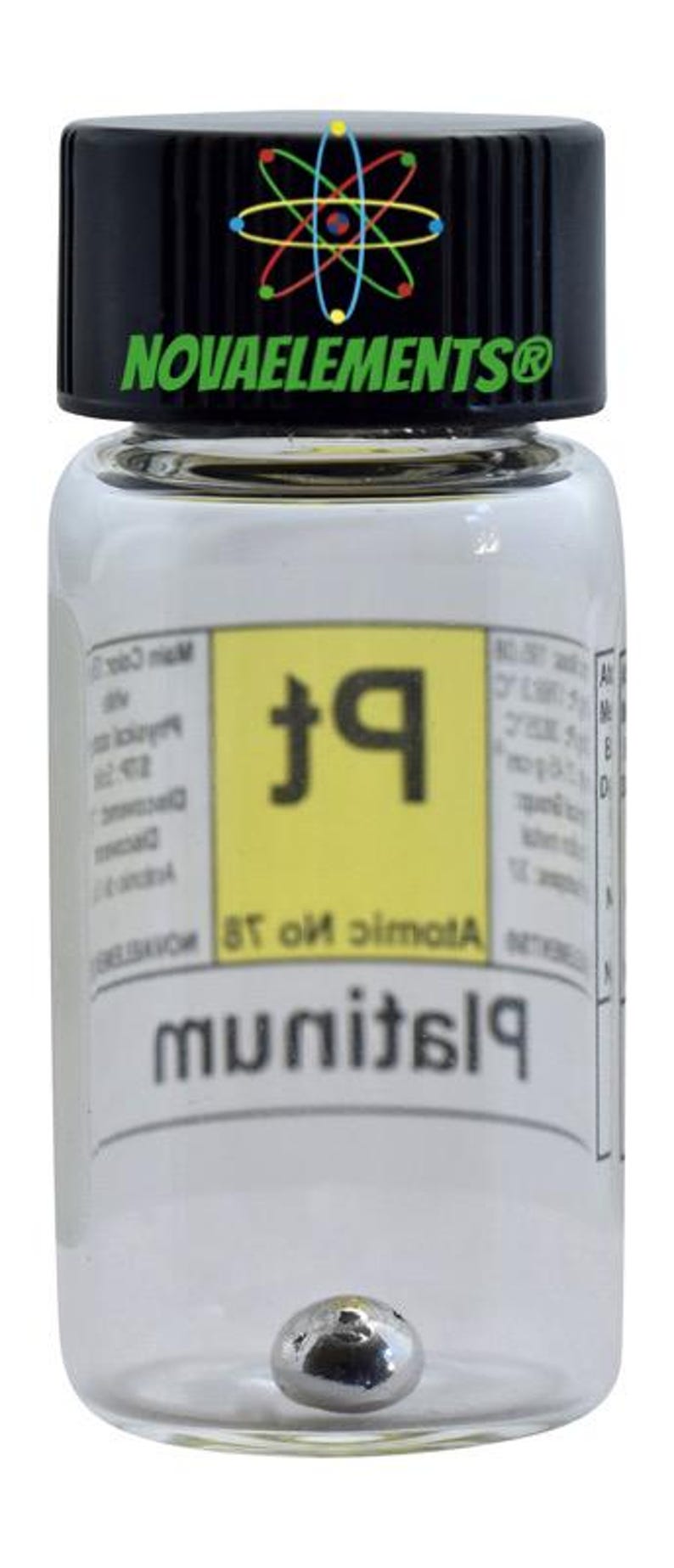 May include: A small glass bottle with a black lid containing a silver metallic sphere. The label on the bottle reads "Platinum" and "Atomic no. 78". The lid has the text "Novaelements&reg;" and a colorful atomic symbol.